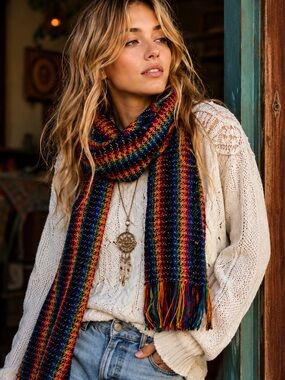 Jarka Alpaca Rainbow Scarf Fringe Boho Festival Colorful Knit Wrap Like New